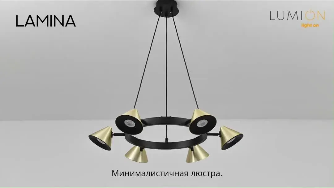 Видеообзор — Подвесной светильник Lumion в стиле минимализм с шестью направленными плафонами из матового золотого металла на черном