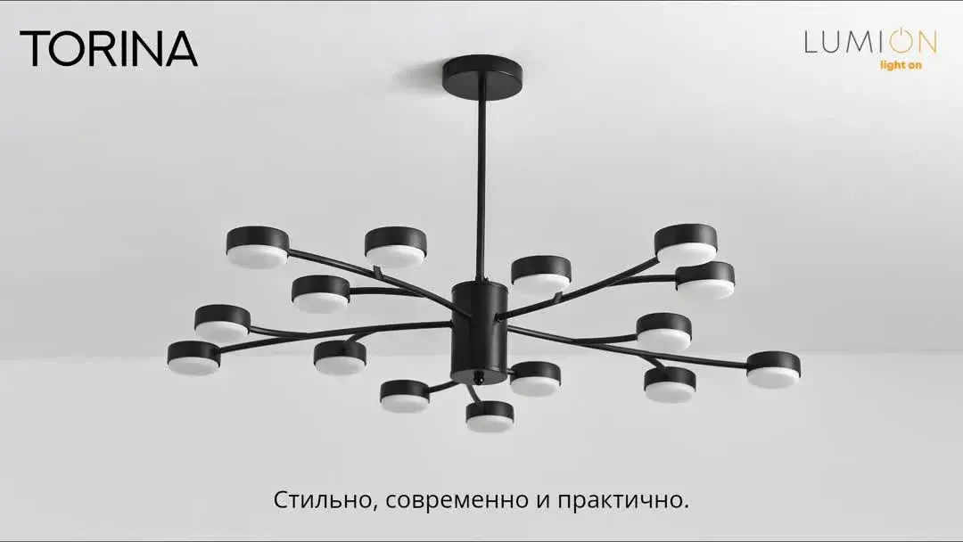 Видеообзор — Современная потолочная люстра с восемнадцатью плафонами из матового черного металла на открытом каркасе