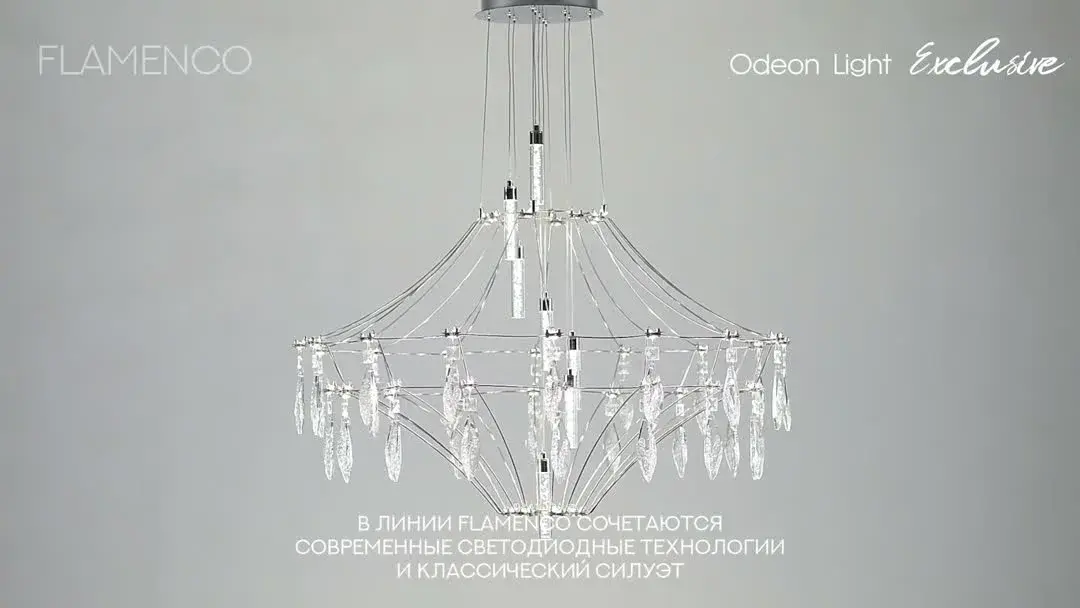 Видеообзор — Подвесная люстра Odeon Light в стиле Арт-деко из хрома, с каскадом прозрачных рельефных подвесок