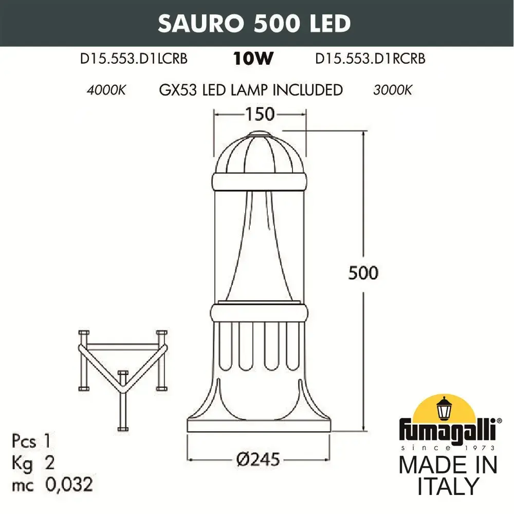 Наземный уличный светильник Fumagalli D15.553.000.BXD1L.CRB SAURO — бронза, ракурс 2