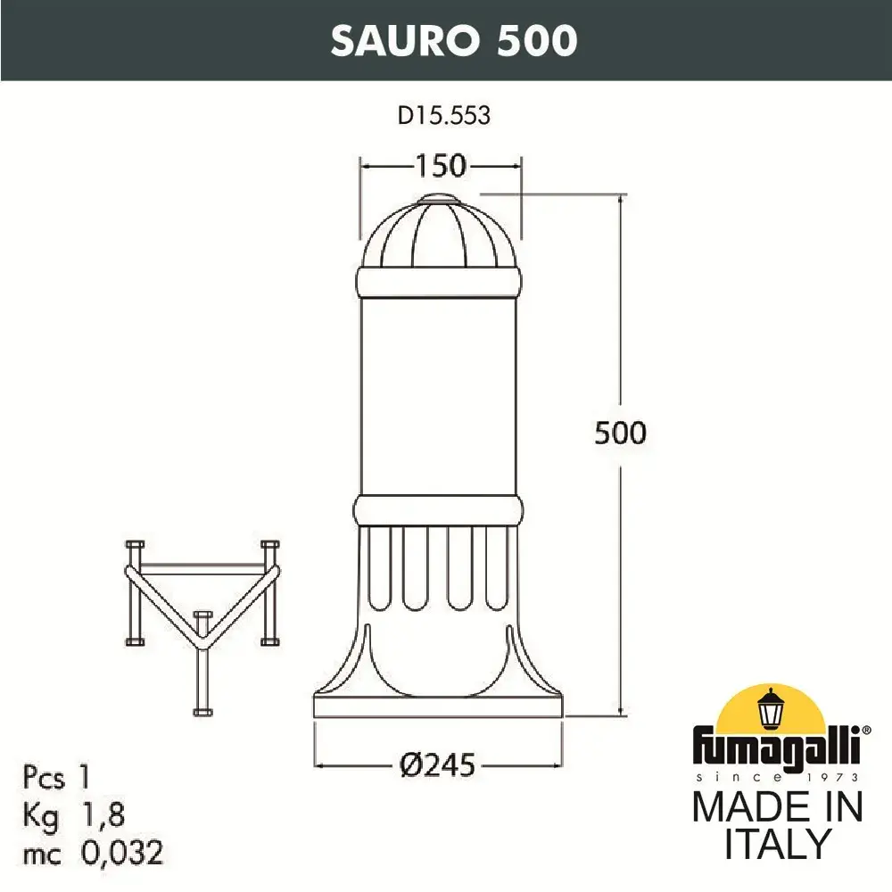Наземный уличный светильник Fumagalli D15.553.000.LXF1R.FC1 SAURO — серый, ракурс 2