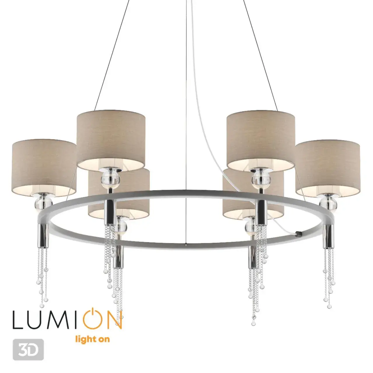 Подвесная люстра Lumion из хрома с шестью серыми тканевыми плафонами и декоративными цепочками, ракурс 4