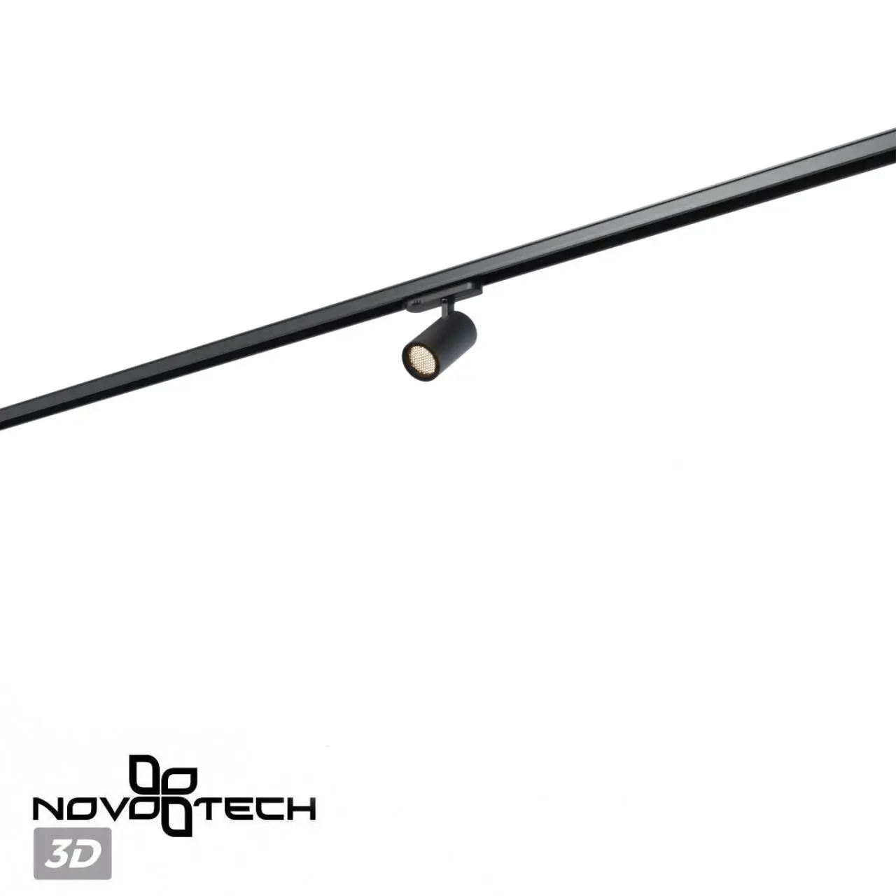 Трековый светильник Novotech в матовом черном цвете с глухим, сетчатым плафоном и минималистичным силуэтом, ракурс 5