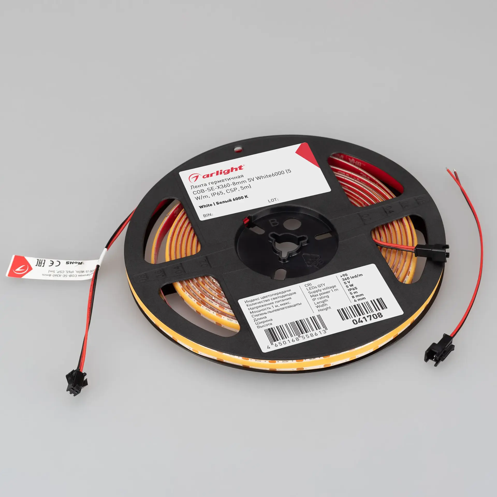 Светодиодная лента герметичная COB-SE-X360-8mm 5V White6000 (5 W/m, IP65, CSP, 5m), ракурс 2