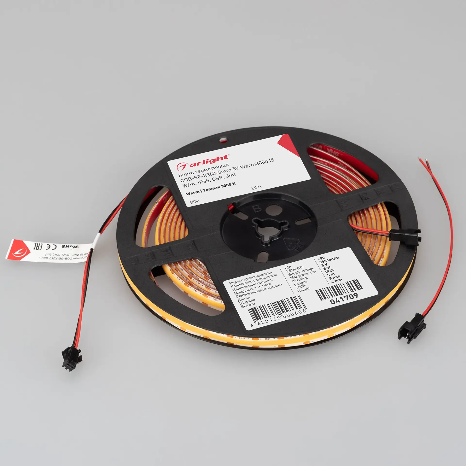 Светодиодная лента герметичная COB-SE-X360-8mm 5V Warm3000 (5 W/m, IP65, CSP, 5m), ракурс 2