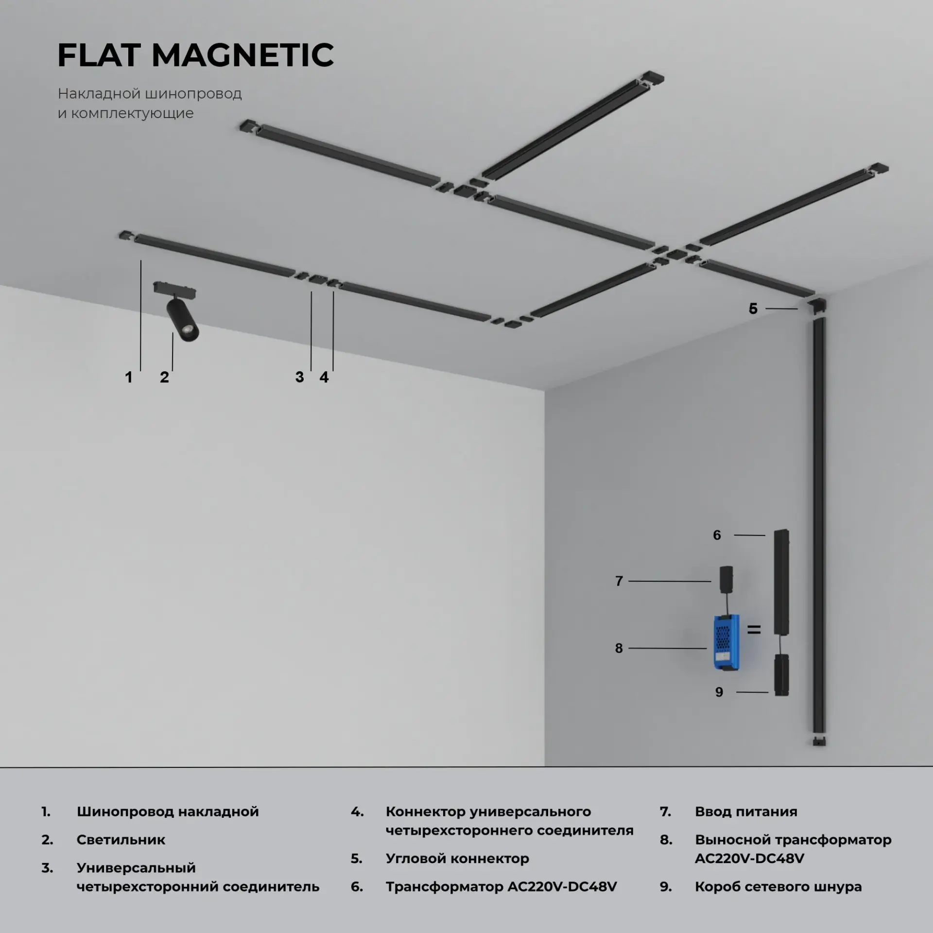 Четырёхсторонний соединитель для накладного шинопровода Flat Magnetic 85003/00 — черный, ракурс 9