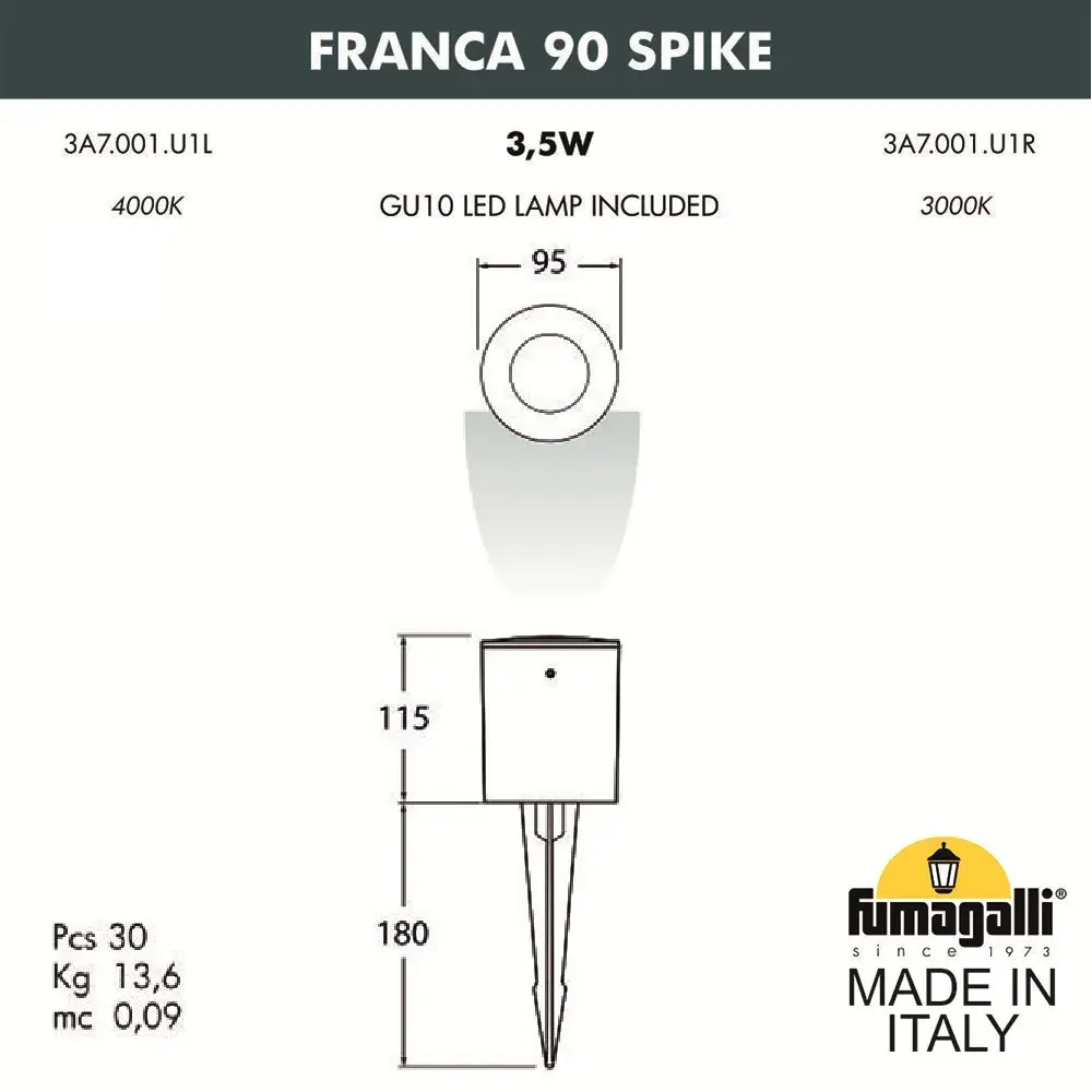 Архитектурная подсветка Fumagalli 3A7.001.000.AXU1L FRANCA 90 — черный, ракурс 3
