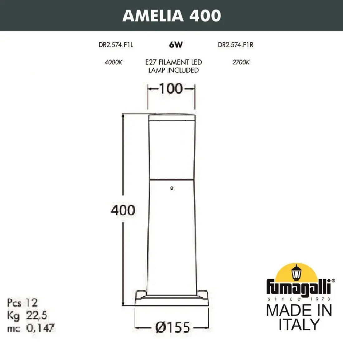 Наземный уличный светильник Fumagalli DR2.574.000.AYE27 AMELIA — черный, ракурс 3