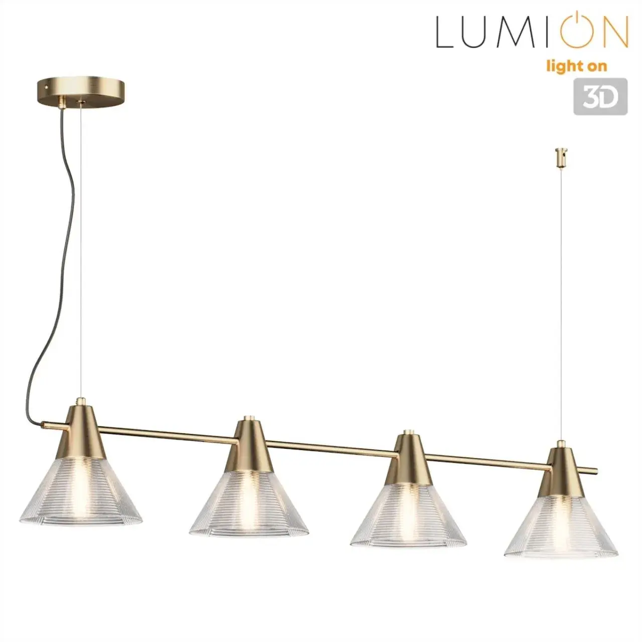 Подвесной светильник Lumion из латуни с четырьмя конусными плафонами из прозрачного рельефного стекла, ракурс 3