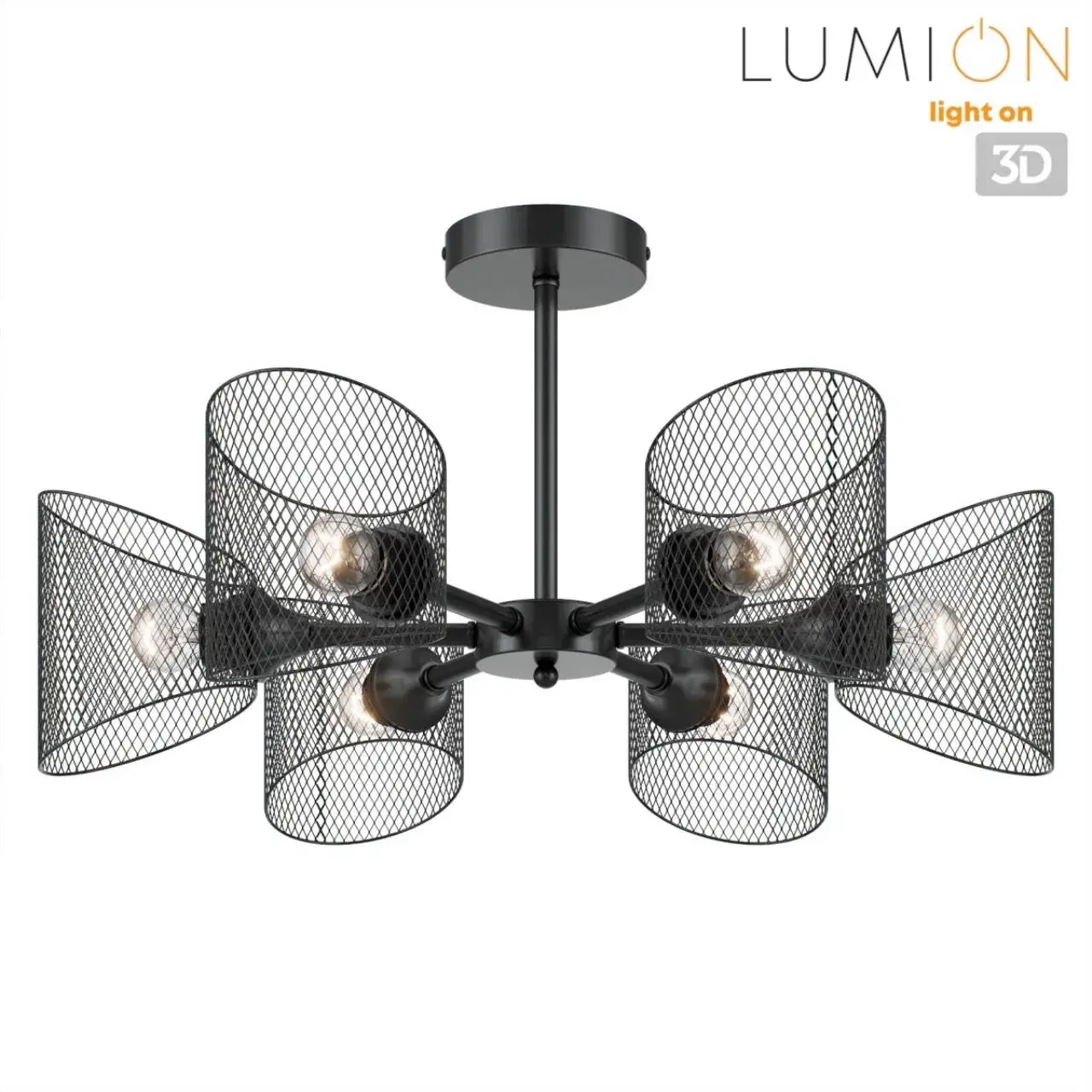 Потолочная люстра лофт Lumion с 6 цилиндрическими плафонами из черной матовой металлической сетки, ракурс 4