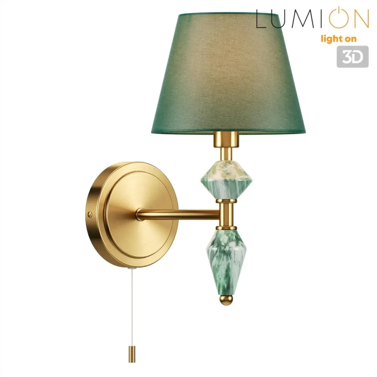 Бра Lumion из латуни с зеленым матовым текстильным плафоном и декоративной керамикой, имитирующей малахит, ракурс 4