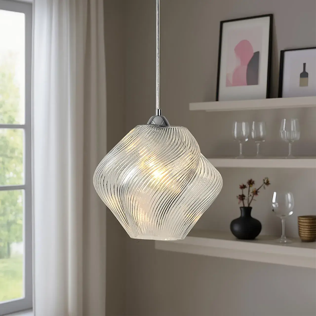 Подвесной светильник Lumion TIDE из хрома и прозрачного стекла с выразительным 3D-эффектом капли, ракурс 6