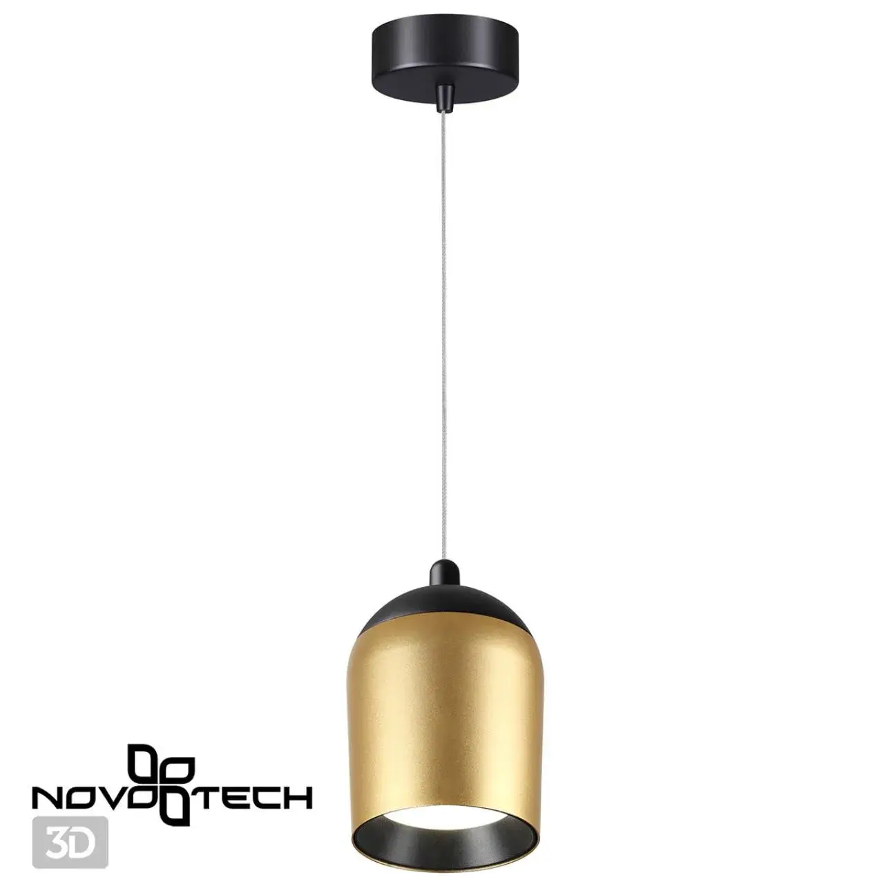 Подвесной светильник Novotech с контрастным черным корпусом и матовым золотым цилиндрическим плафоном, ракурс 4