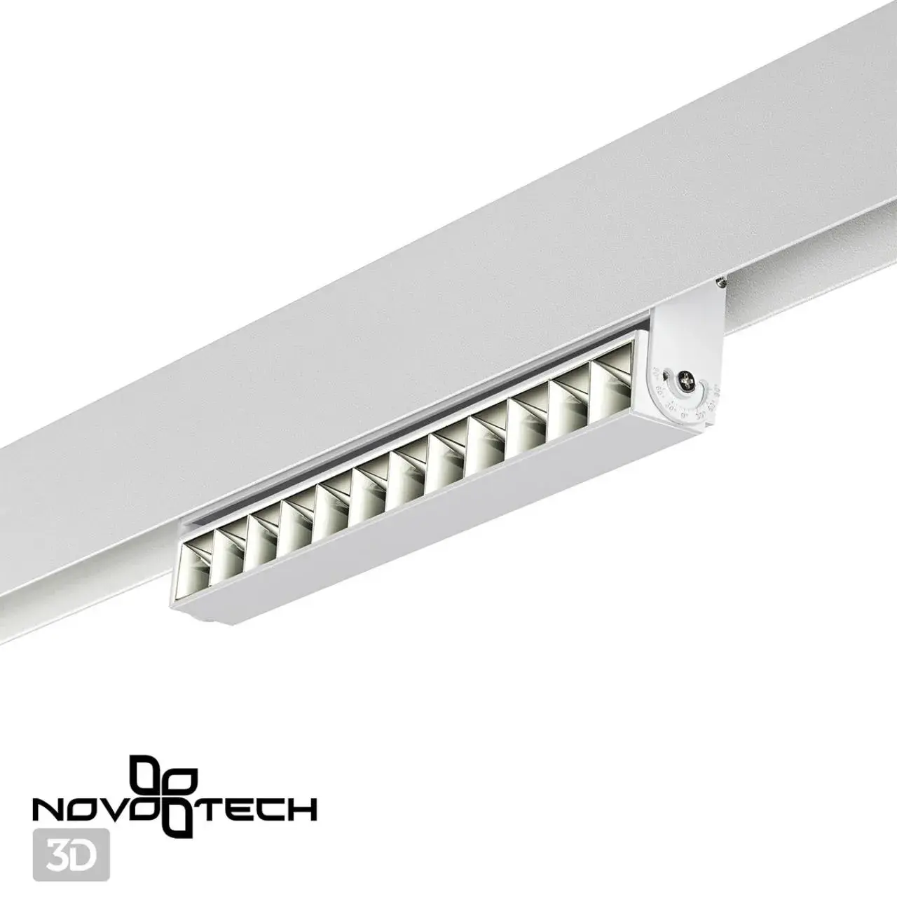Трековый светильник Novotech в матовом белом металле с прямоугольным плафоном и одним источником света, ракурс 4
