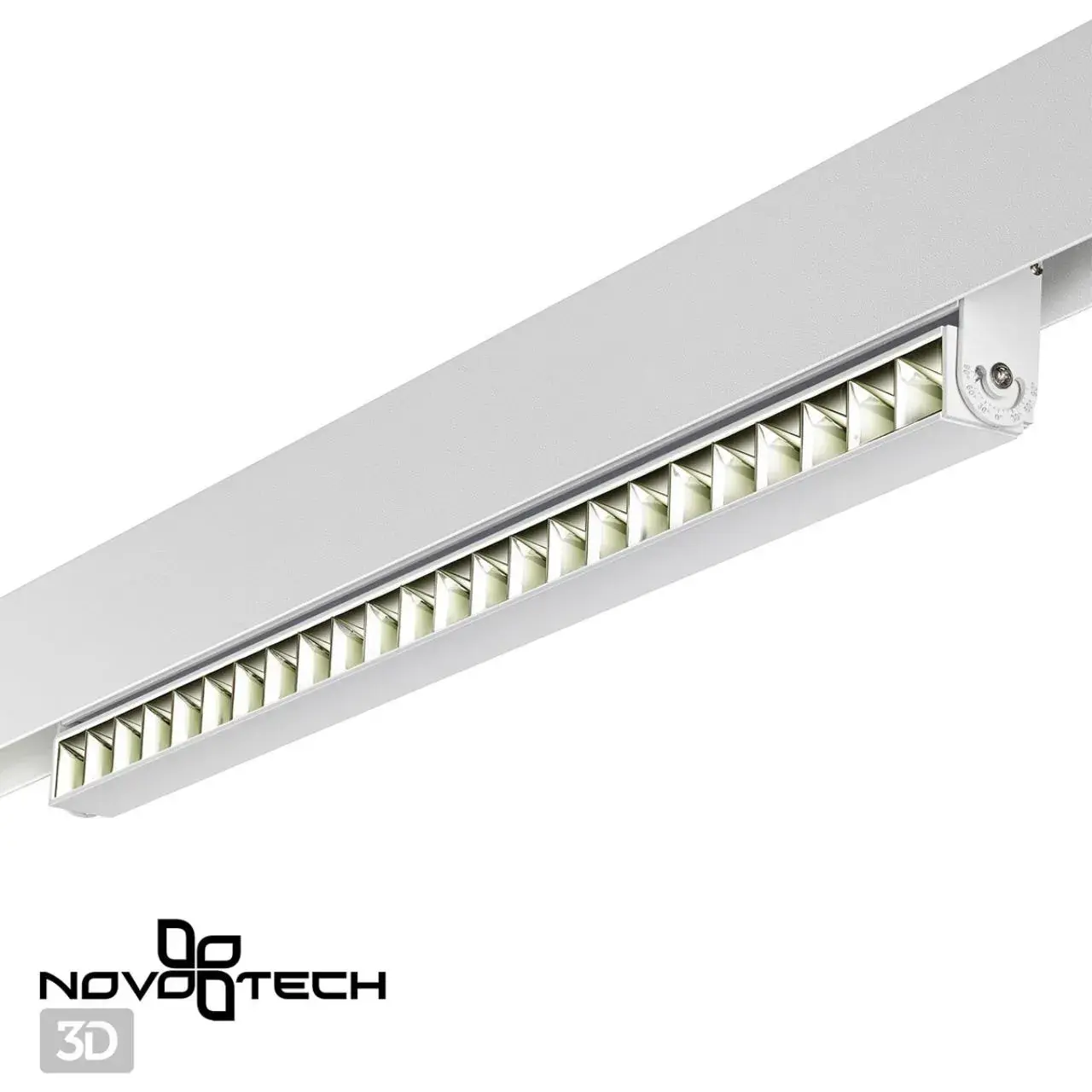 Линейный трековый светильник Novotech белого матового металла с декоративными элементами, 4000K, ракурс 3