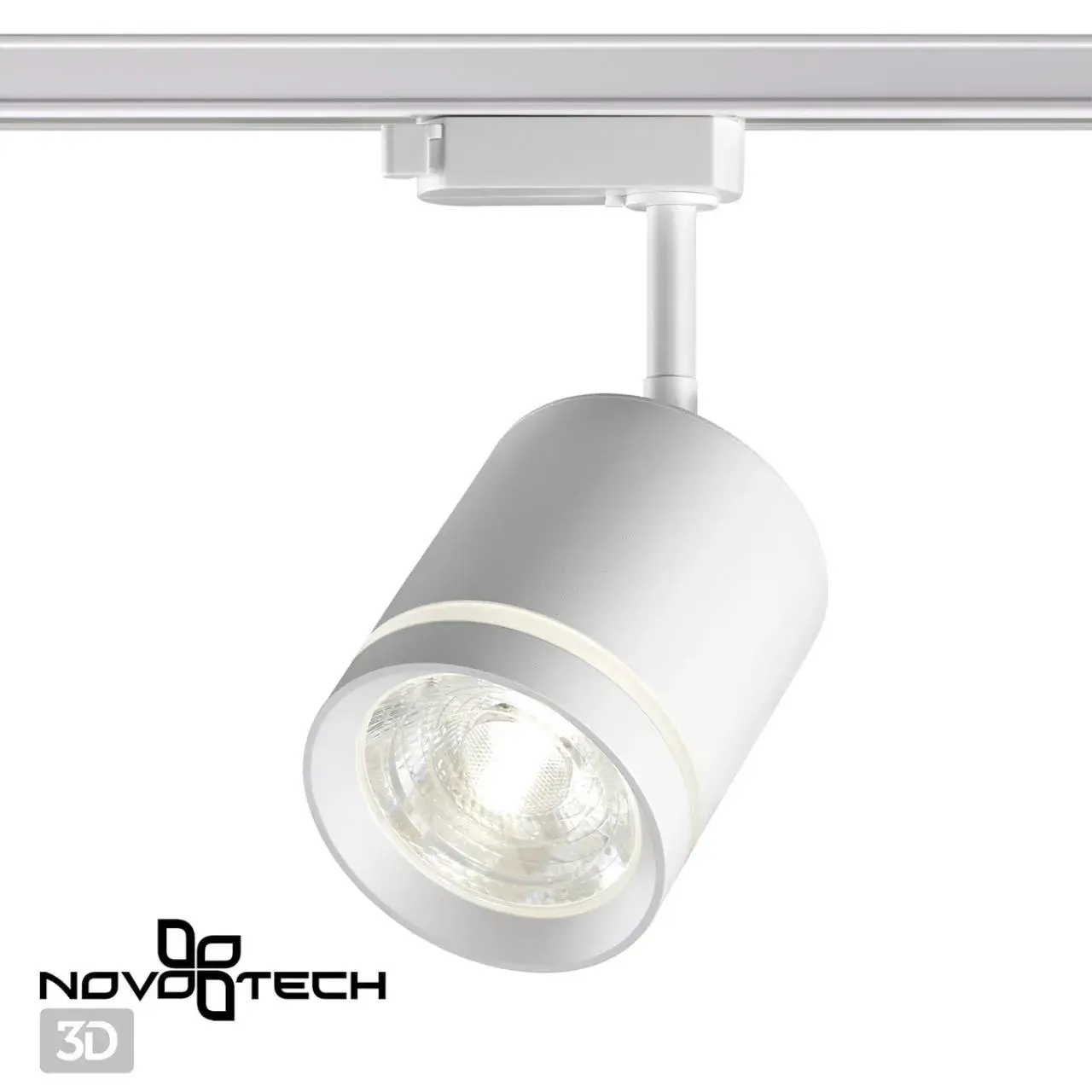 Трековый светильник Novotech ARUM с матовым белым плафоном и корпусом на направляющей шине, ракурс 5