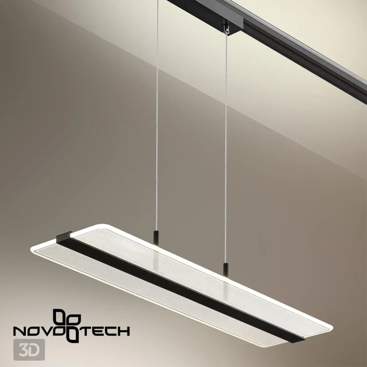 Подвесной трековый светильник Novotech черного матового металла с вытянутым глянцевым акриловым плафоном, ракурс 5