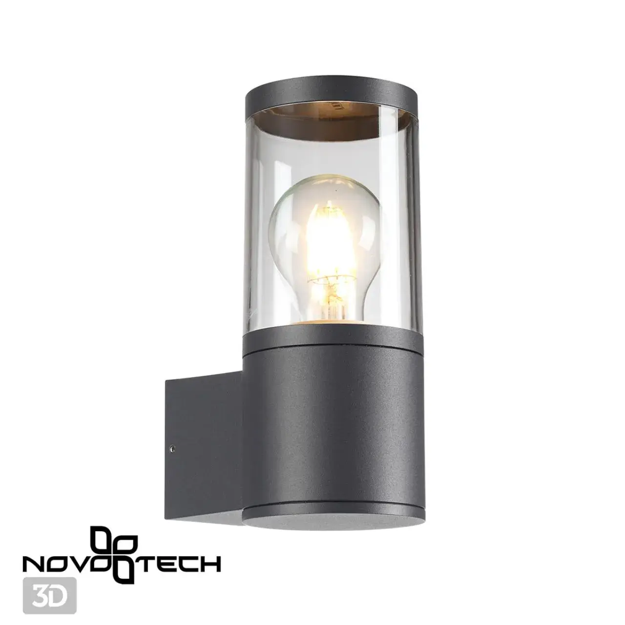 Настенный уличный светильник Novotech черного матового металла с цилиндрическим прозрачным пластиковым плафоном, ракурс 2
