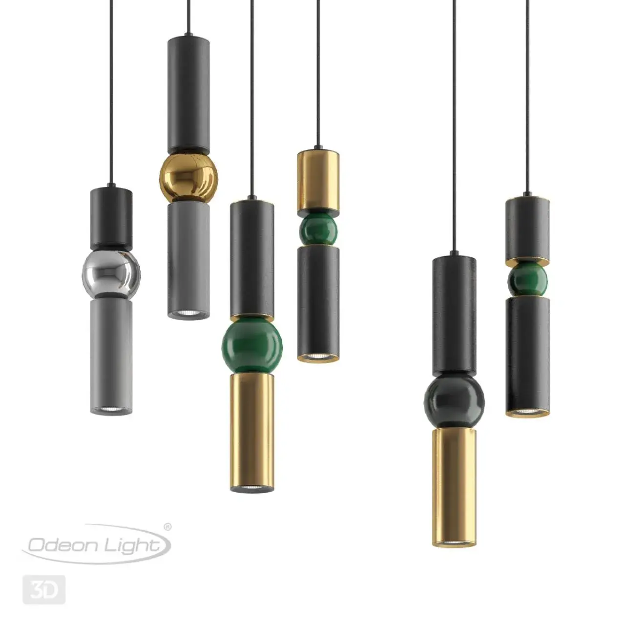 Подвесной светильник Odeon Light минимализма с черными матовыми цилиндрическими элементами и металлическим шаром, ракурс 3